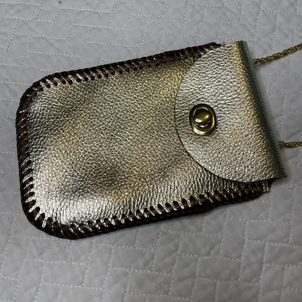 Handmade Custom Gold & Brown Leather Wrap Small Satchel w/ Gold Toned String - Picture 3 of 9